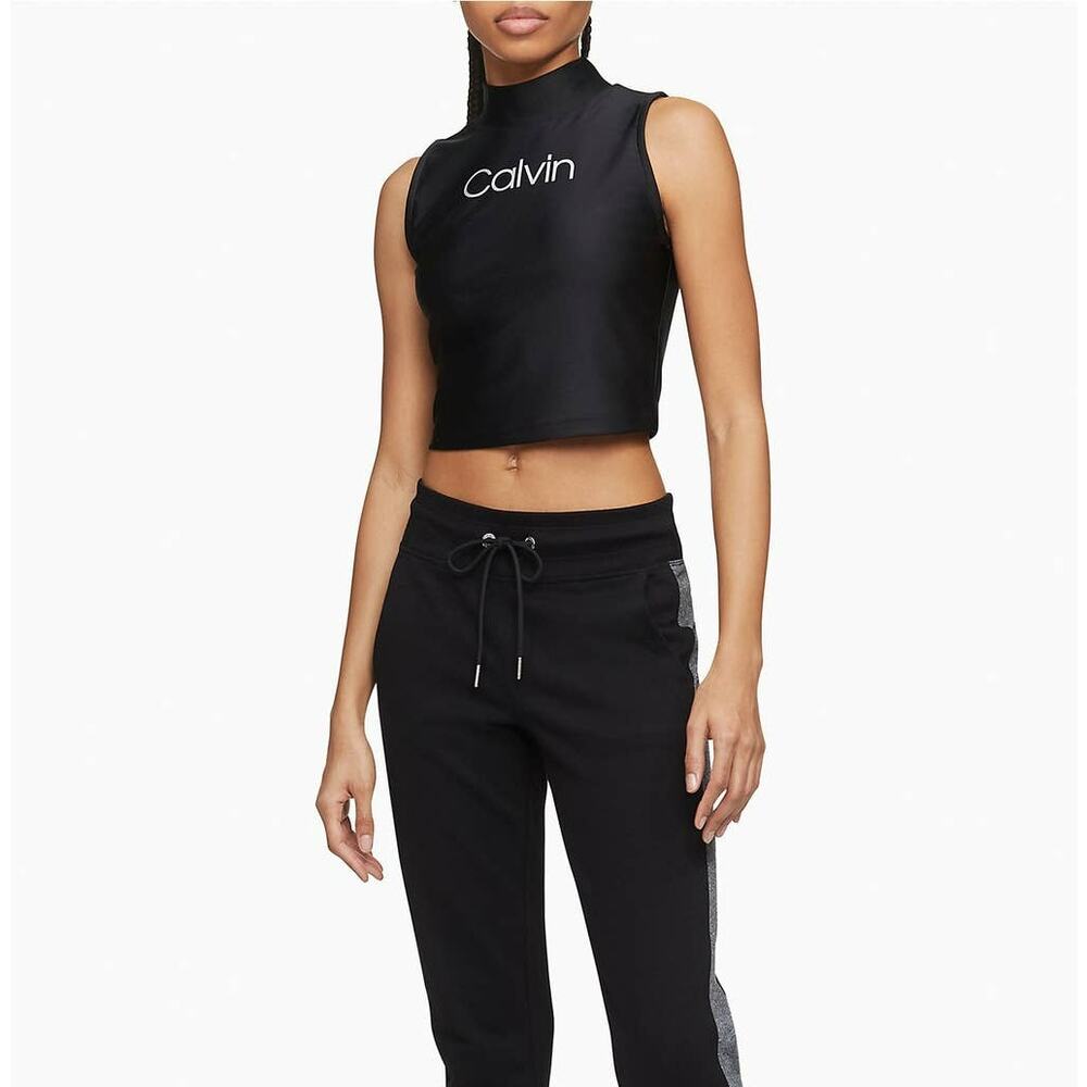 Calvin Klein Performance womans Logo Mock Neck Crop Top  black, silver L